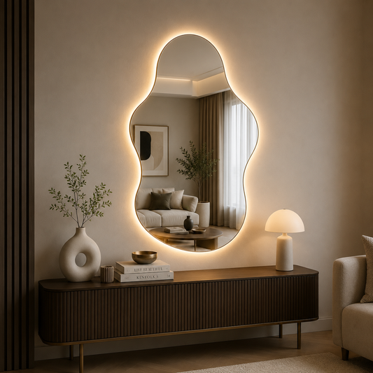 Luxury LED Wave Wall Mirror – Modern Asymmetrical Vanity & Living Room Mirror